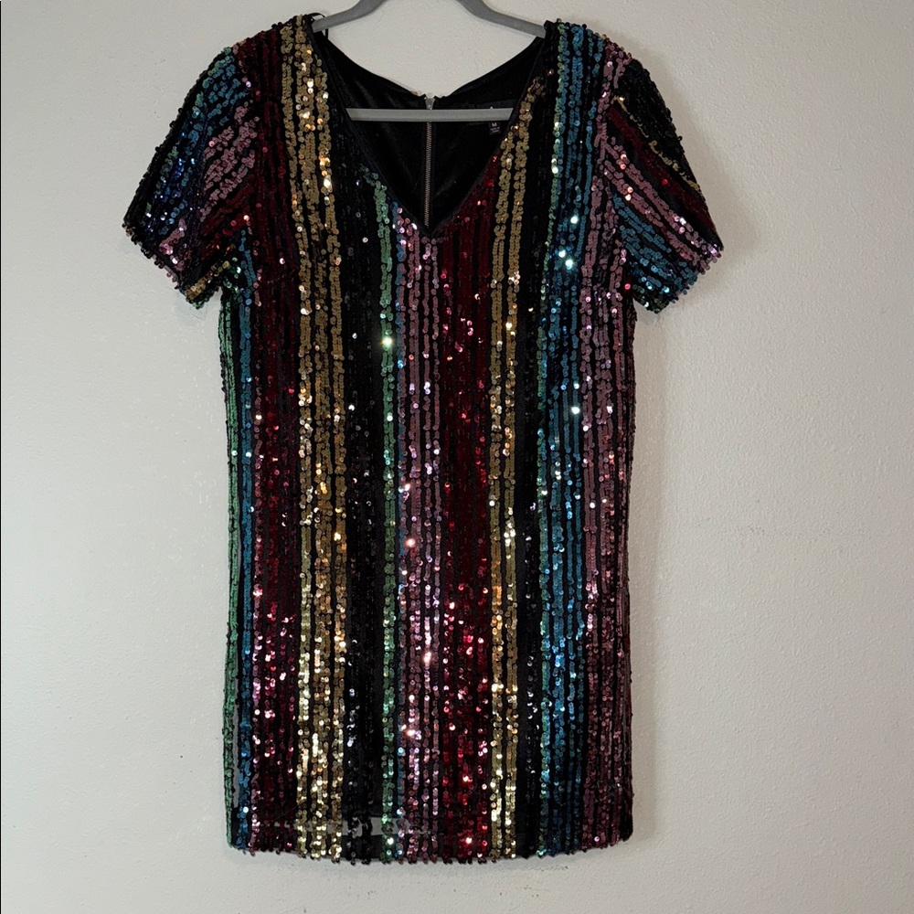 Lulu's Firework striped  Sequin V-Neck Mini Dress